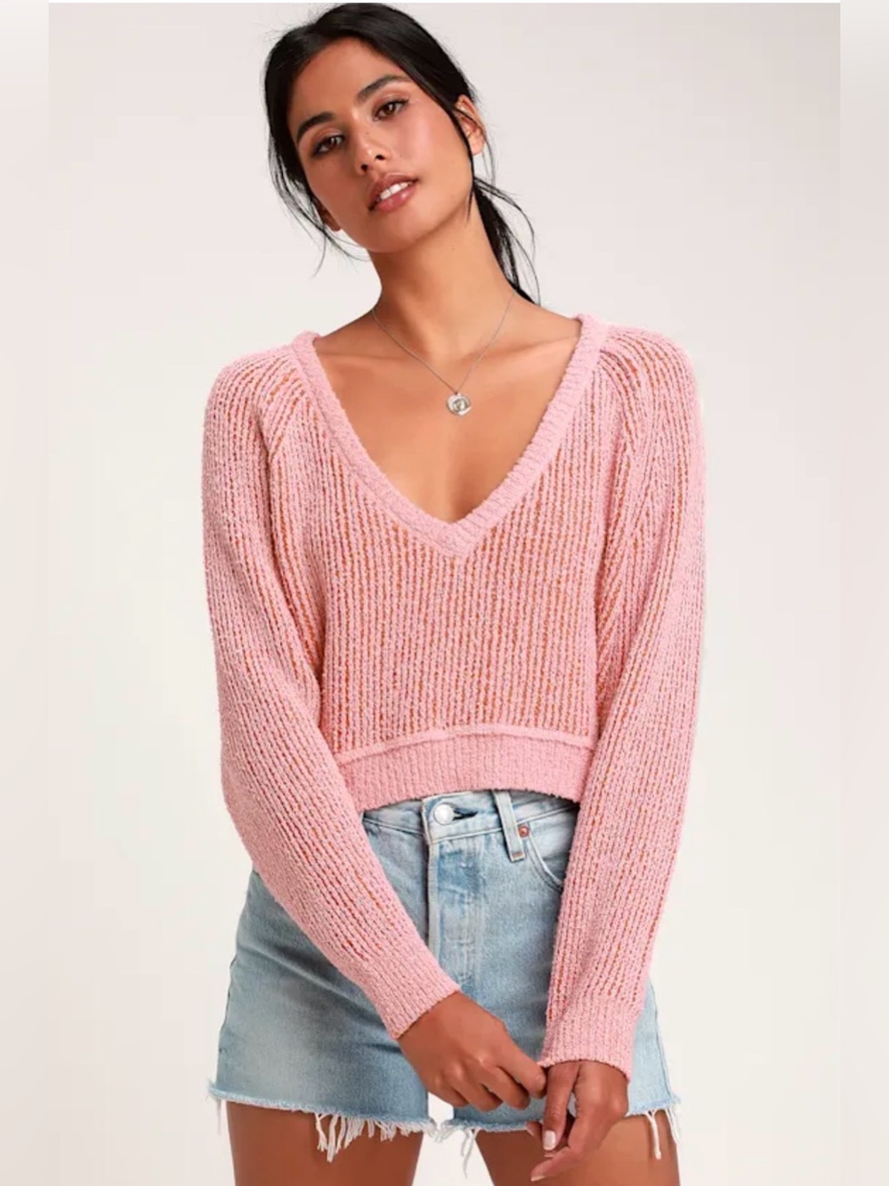 Free People Women’s Low V Pink and Orange Sweater Top - M